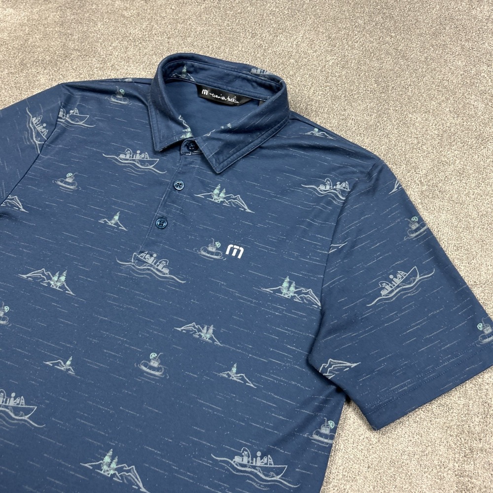 Travis Mathew Golf Polo Shirt Mens Medium Blue AOP Fishing Mountains Pines